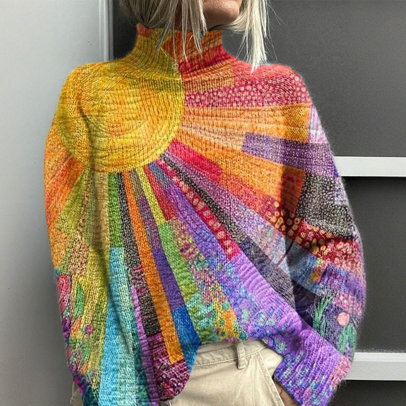 Colorful Sun Collage Art Print Turtleneck Pullover Sweater - Multicolor - 4XL - image 1