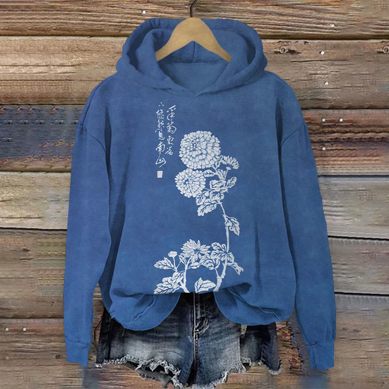 Vintage Chrysanthemum Poetry Art Print Long Sleeve Hoodie - Blue - 8XL - image 1