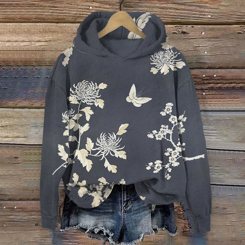 Vintage Chrysanthemum Butterfly Silhouette Art Print Long Sleeve Hoodie - Grey - 8XL - image 1