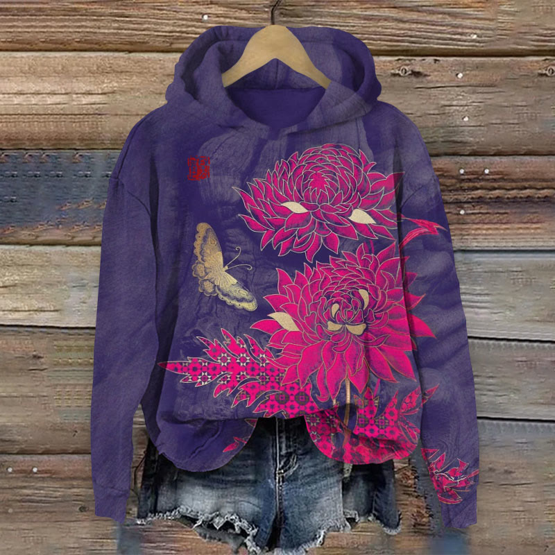 Vintage Chrysanthemum Butterfly Japanese Art Print Long Sleeve Hoodie - Purple - 8XL - image 1
