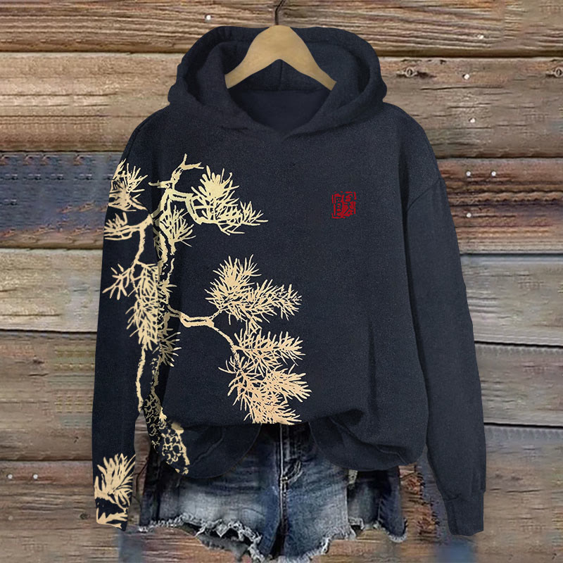Vintage Japanese Pine Tree Art Print Long Sleeve Hoodie - Black - 8XL - image 1