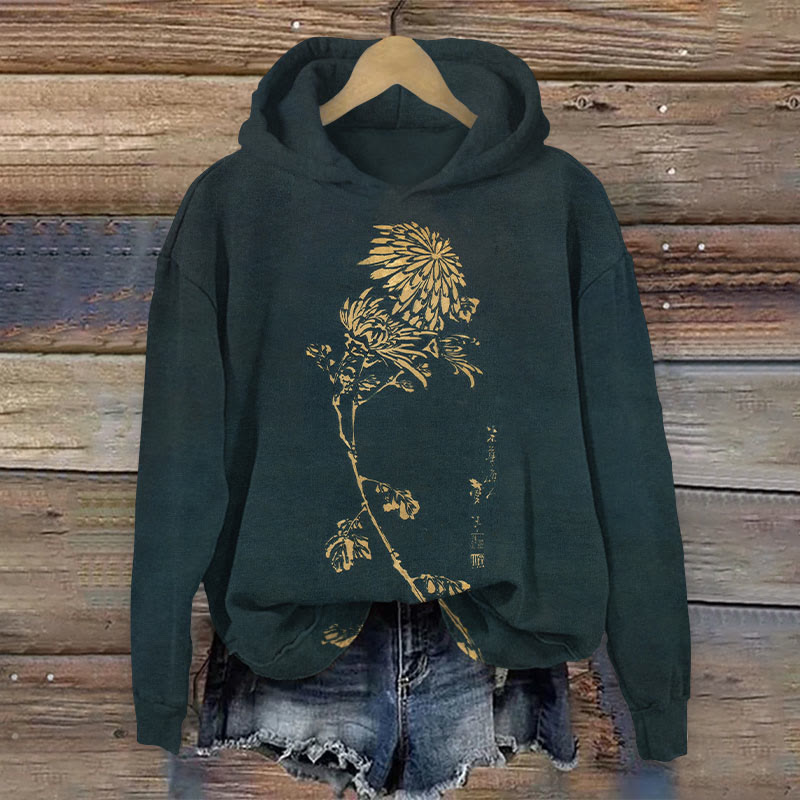 Retro Japanese Chrysanthemum Print Long Sleeve Hoodie - Dark Green - 8XL - image 1