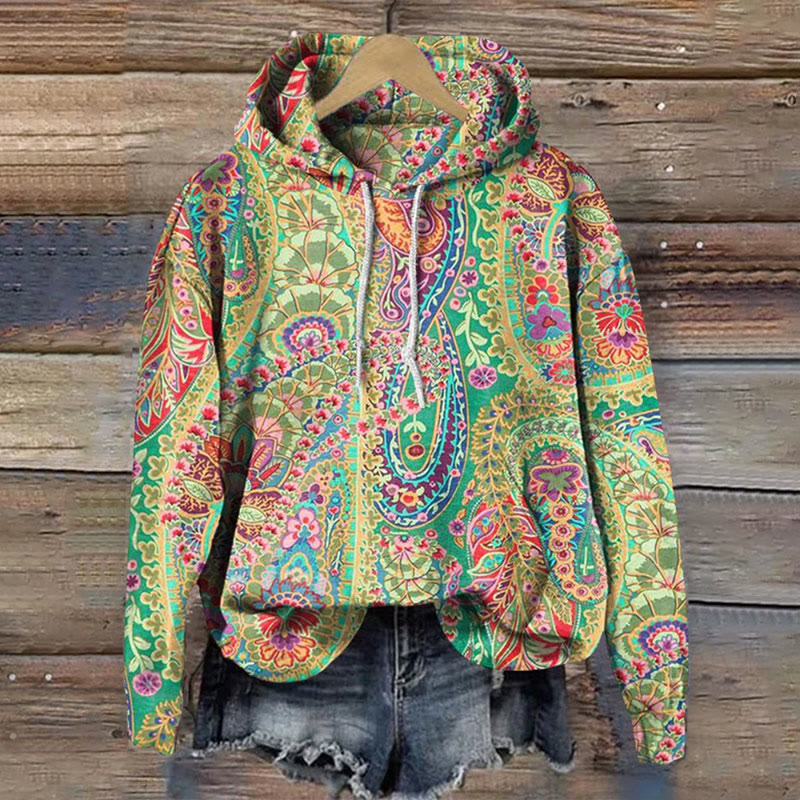 Vintage Ethnic Colorful Paisley Art Print Long Sleeve Hoodie - Multicolor - 8XL - image 1