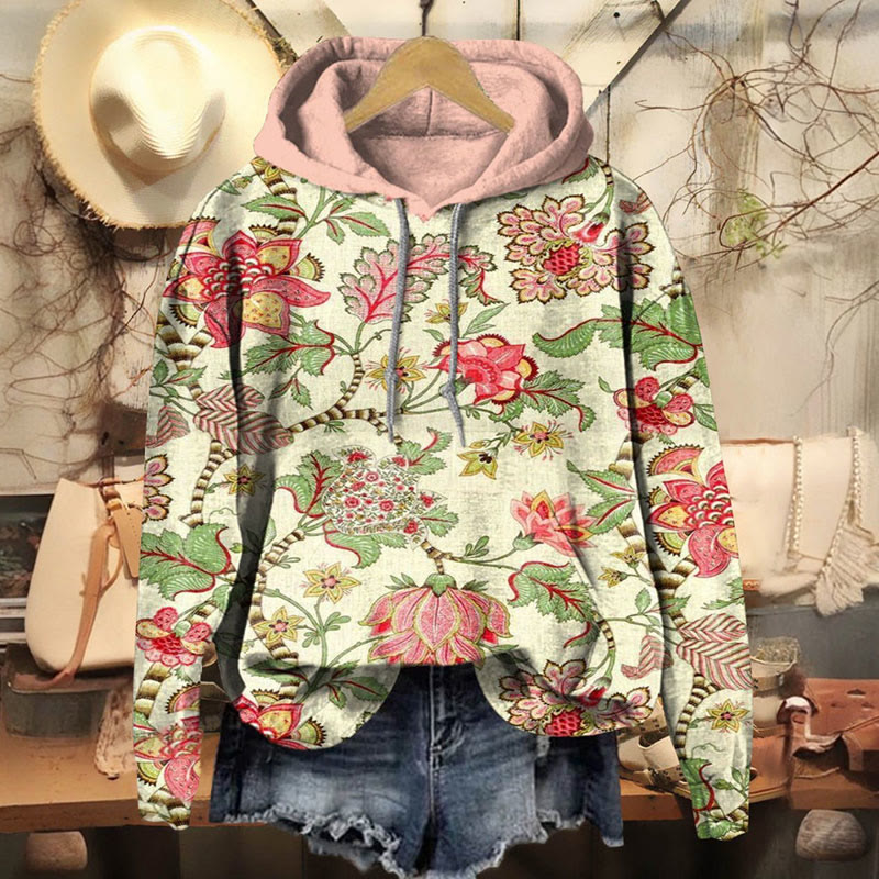 Vintage Floral Print Long Sleeve Hoodie - Green - 8XL - image 1