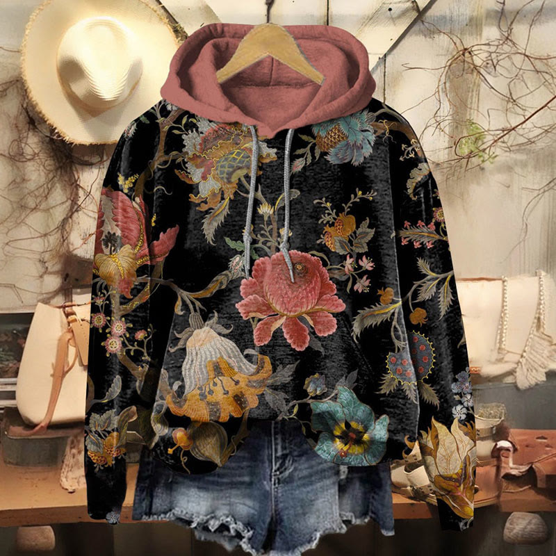Retro Gorgeous Flower Print Long Sleeve Hoodie - Multicolor - 8XL - image 1