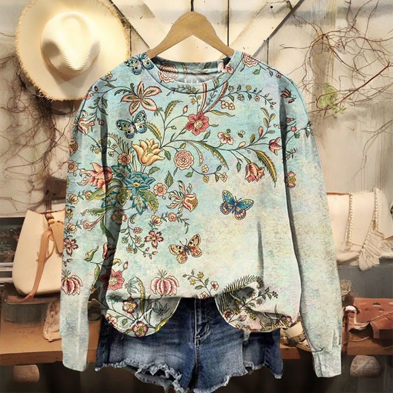 Women's Vintage Botanical Butterfly Print Casual Crewneck Sweatshirt - Multicolor - 5XL - image 1