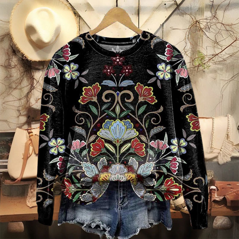 Women's Vintage Floral Art Pattern Print Casual Crewneck Sweatshirt - Black - 5XL - image 1