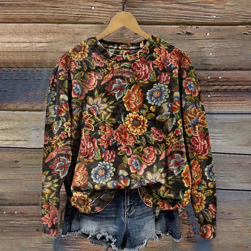 Vintage Floral Art Print Casual Crewneck Sweatshirt - Multicolor - 5XL - image 1