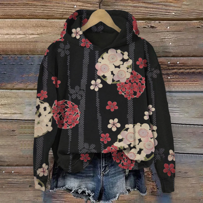 Retro Japanese Cherry Blossom Print Long Sleeve Hoodie - Black - 8XL - image 1
