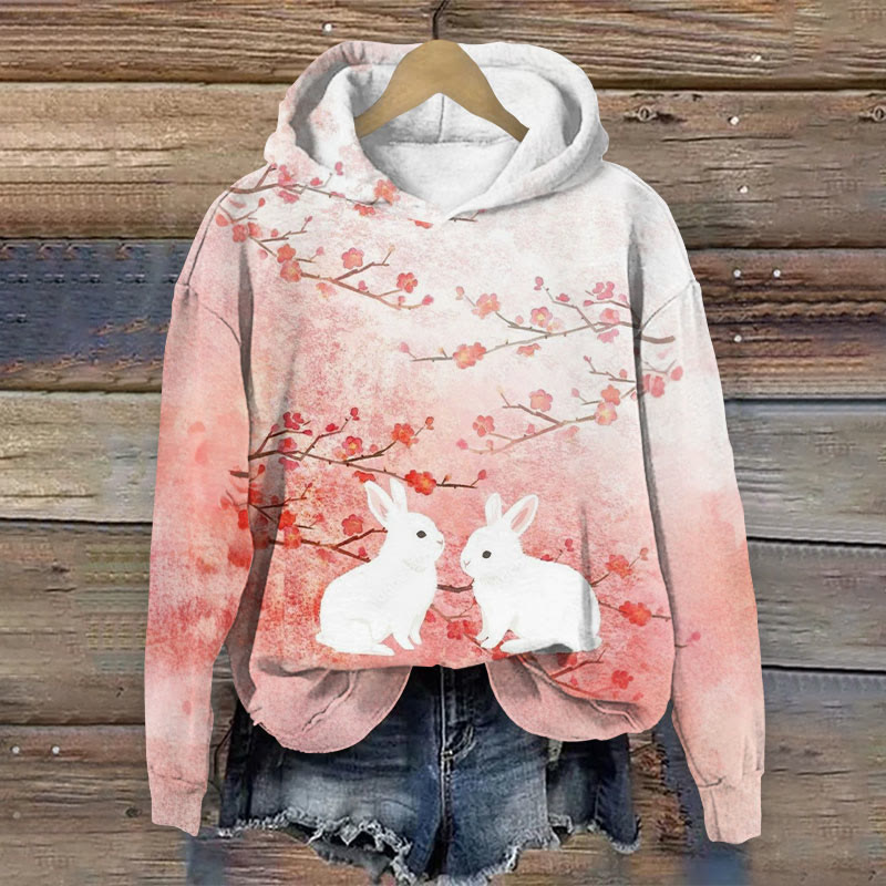 Retro Japanese Style Plum Blossom Rabbit Ombre Print Long Sleeve Hoodie - Pink - 8XL - image 1