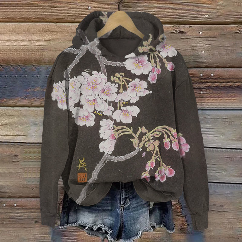 Retro Japanese Cherry Blossom Print Long Sleeve Hoodie - Brown - 8XL - image 1
