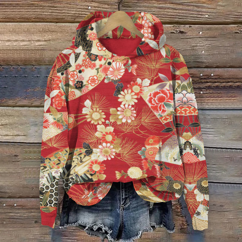 Japanese Flower Fan Print Long Sleeve Hoodie - Red - 8XL - image 1