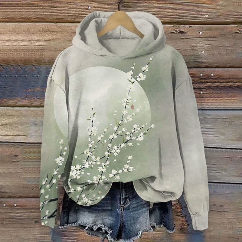 Vintage Japanese Art Flora Print Long Sleeve Hoodie - Light Green - 8XL - image 1