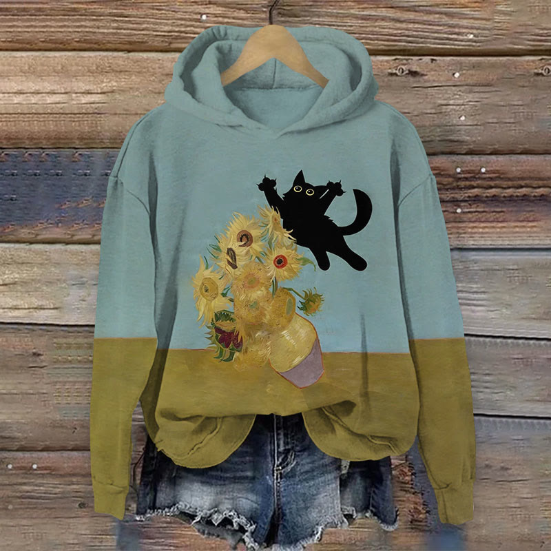 Funny Van Gogh Sunflower And Black Cat Print Long Sleeve Hoodie - Green - 8XL - image 1