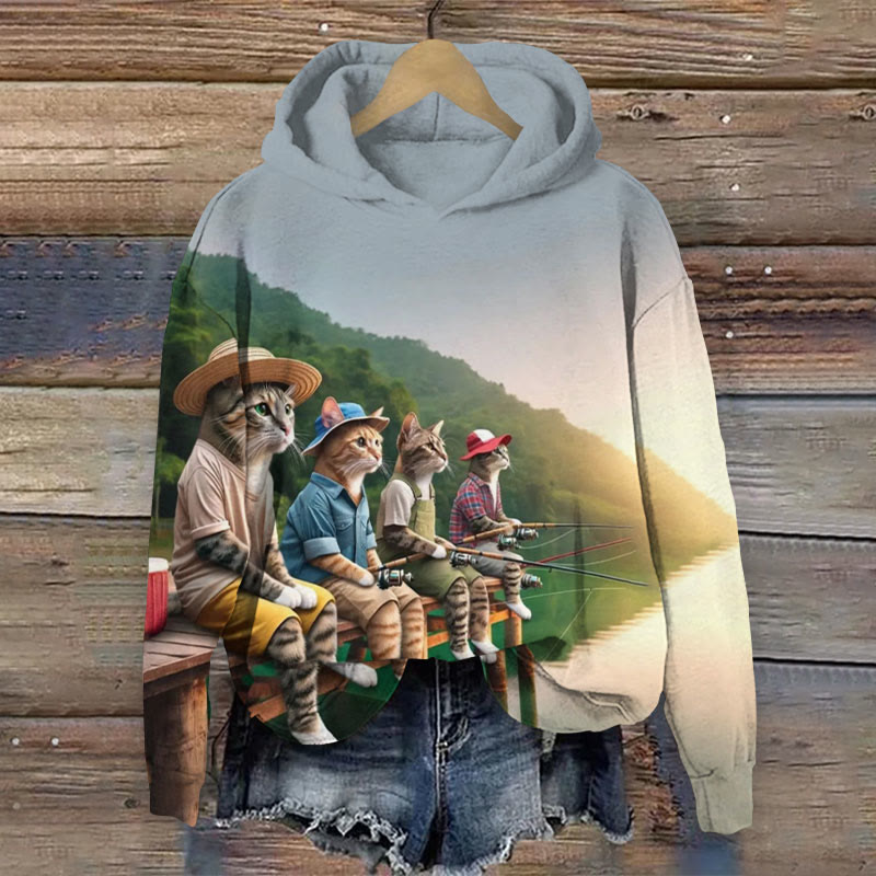 Cats Fishing Print Long Sleeve Hoodie - Multicolor - 8XL - image 1