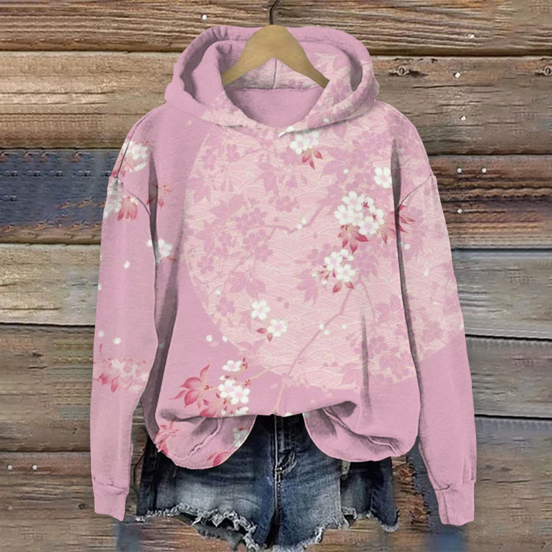Retro Cherry Blossom Moon Japanese Style Print Long Sleeve Hoodie - Light Purple - 8XL - image 1