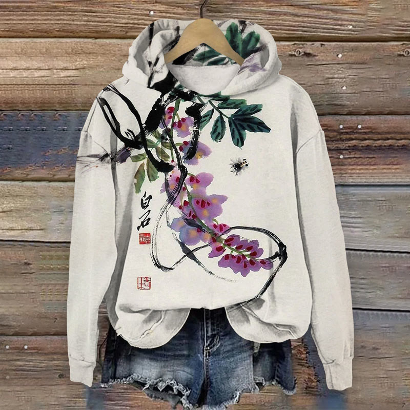 Retro Floral Ink Painting Print Long Sleeve Hoodie - White - 8XL - image 1