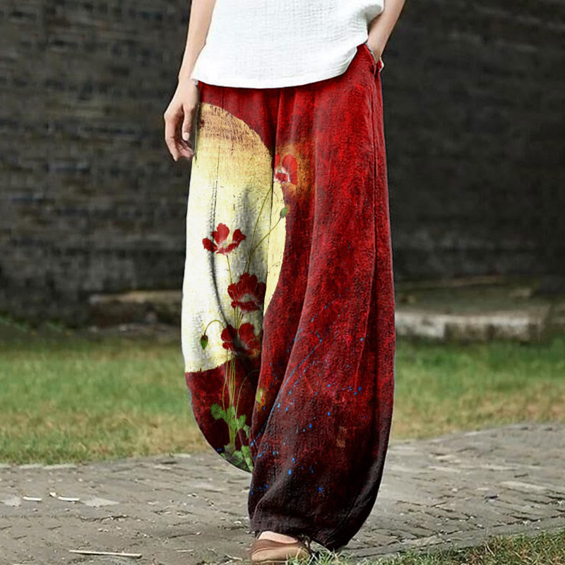 Retro Dark Japanese Moon Floral Art Print Casual Pants - Red - 5XL - image 1