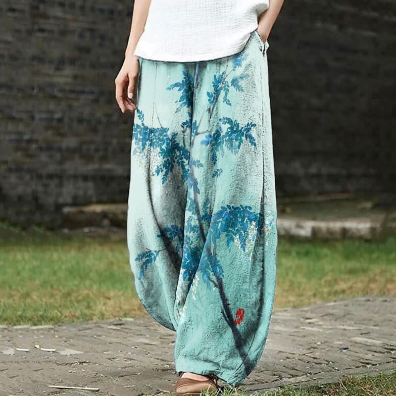 Retro Japanese Style Watercolor Tree Art Print Casual Pants - Lake Blue - 5XL - image 1
