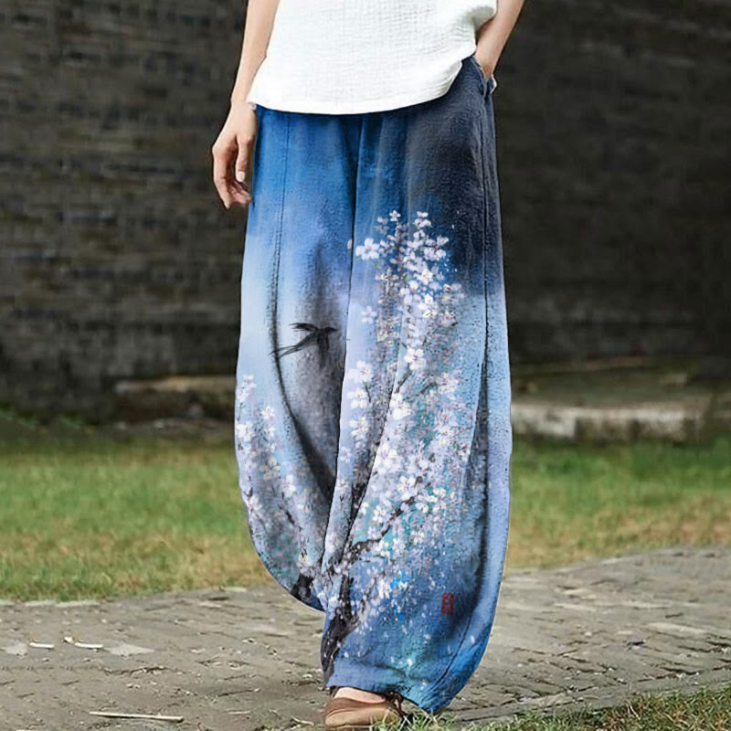 Retro Ombre Cherry Blossom Swallow Art Print Casual Pants - Blue - 5XL - image 1