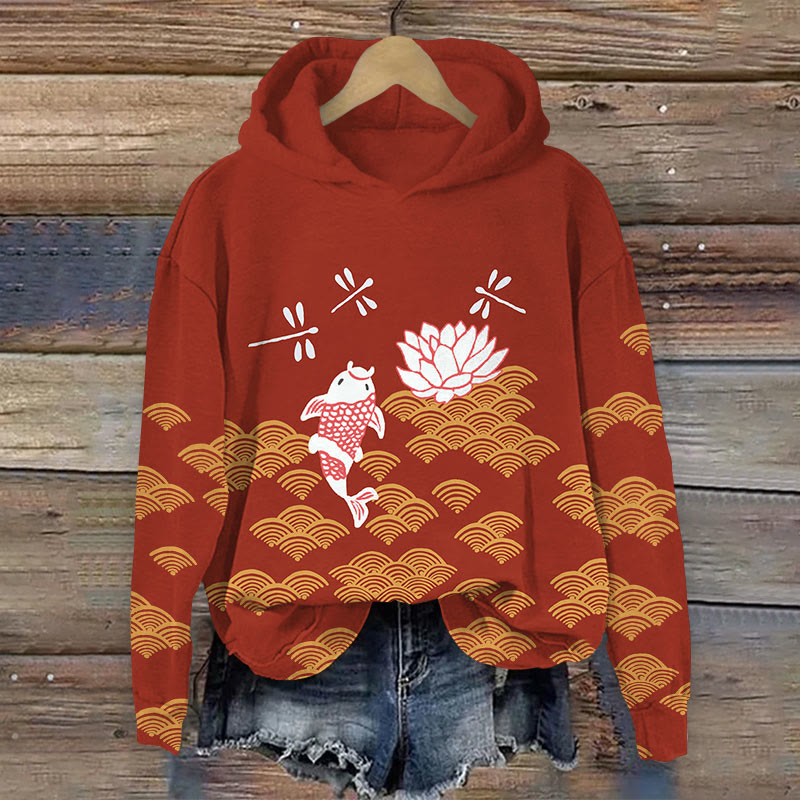 Japanese Style Koi Fish Dragonfly Wave Art Print Casual Long Sleeve Hoodie - Red - 8XL - image 4