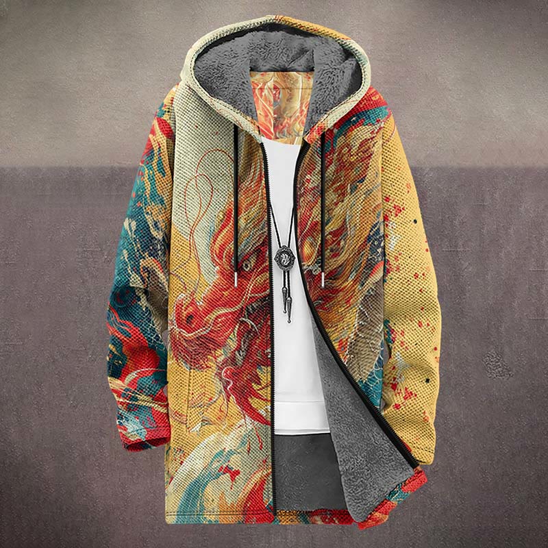 Retro Watercolor Dragon Pattern Print Unisex Plush Thick Long-sleeved Fleece Jacket Coat - image 2