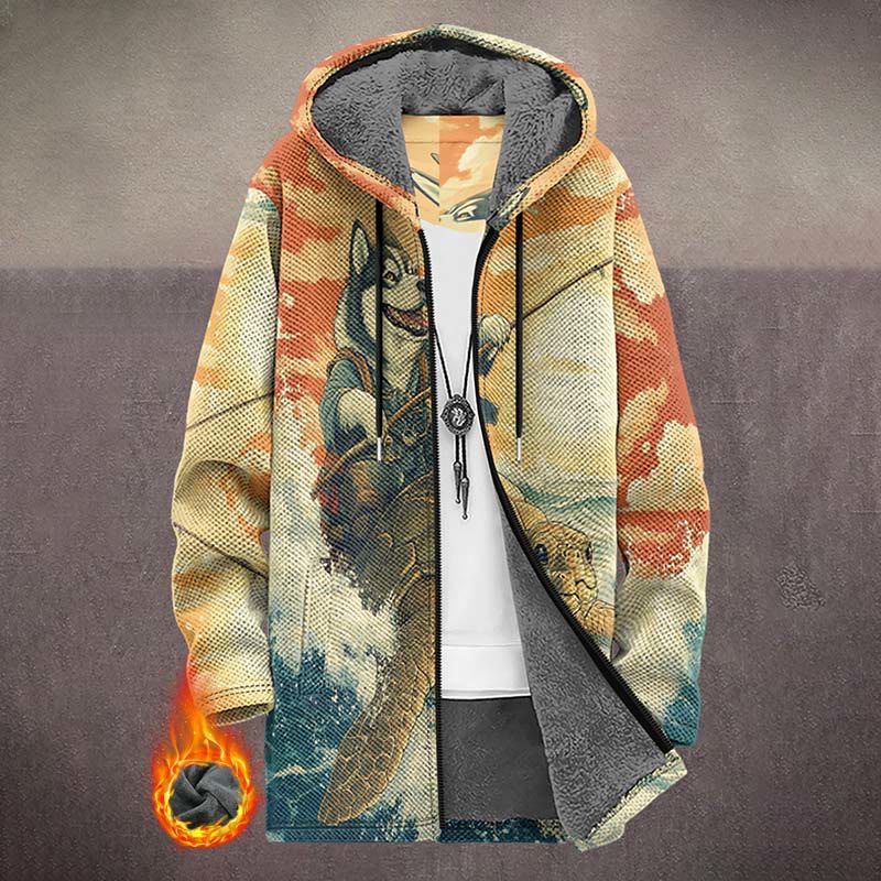 Funny Husky Riding Turtle And Fishing Print Unisex Plush Thick Long-sleeved Fleece Jacket Coat - Multicolor - 5XL - image 1
