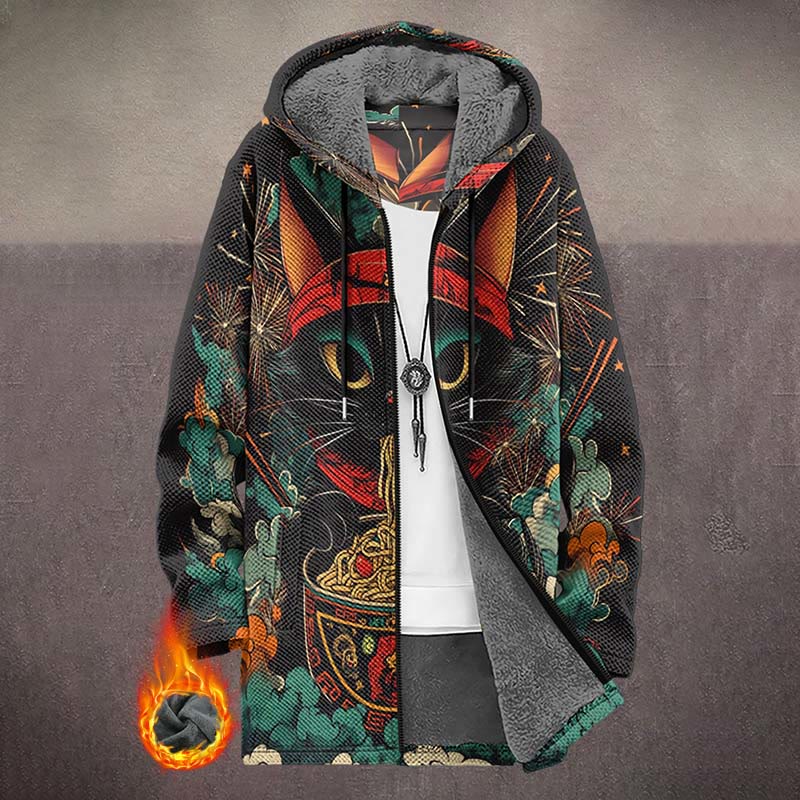 Retro Mysterious Ethnic Pattern Black Cat Print Unisex Plush Thick Long-sleeved Fleece Jacket Coat - Multicolor - 5XL - image 1