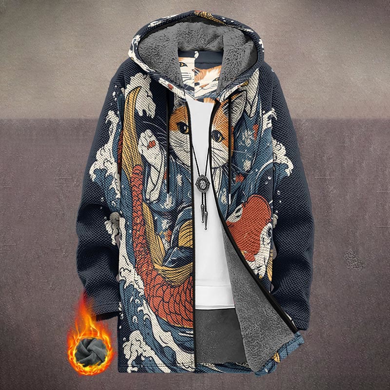 Japanese Kimono And Koi Fish Print Unisex Plush Thick Long-sleeved Fleece Jacket Coat - Multicolor - 5XL - image 1