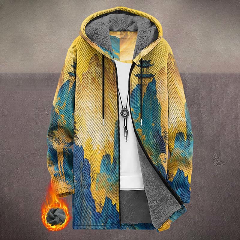 Retro Abstract Mountain And Kiosk Print Unisex Plush Thick Long-sleeved Fleece Jacket Coat - Yellow - 5XL - image 1