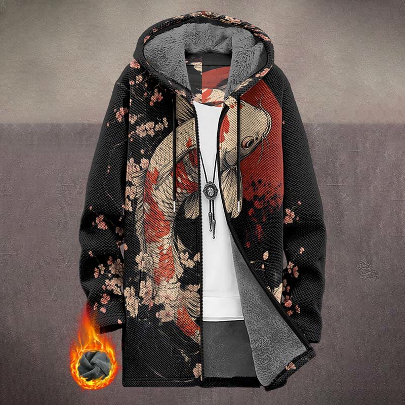 Japanese Watercolor Sakura & Koi Print Unisex Plush Thick Long-sleeved Fleece Jacket Coat - Multicolor - 5XL - image 1