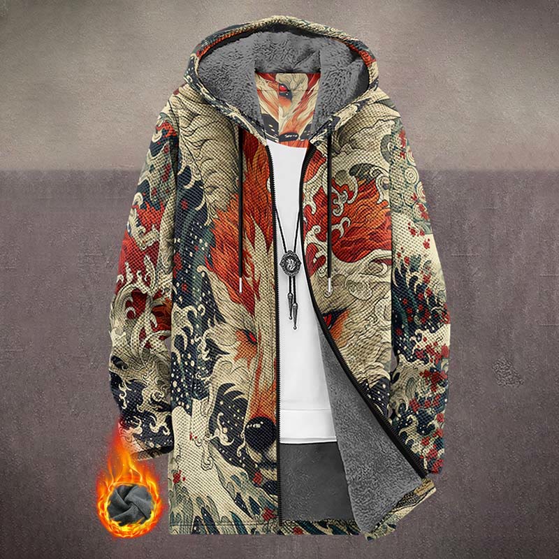 Japanese Abstract Wave And Wolf Pattern Print Unisex Plush Thick Long-sleeved Fleece Jacket Coat - Multicolor - 5XL - image 1