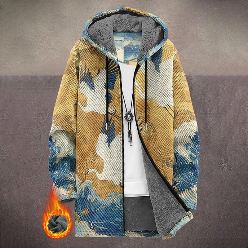 Japanese Retro Crane Flying Across Ocean Wave Print Unisex Plush Thick Long-sleeved Fleece Jacket Coat - Multicolor - 5XL - image 1