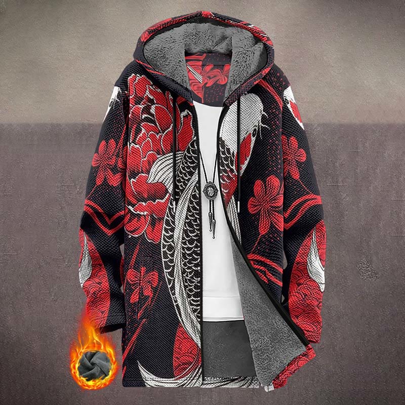Japanese Red Sakura And Ink Koi Fish Print Unisex Plush Thick Long-sleeved Fleece Jacket Coat - Red - 5XL - image 1
