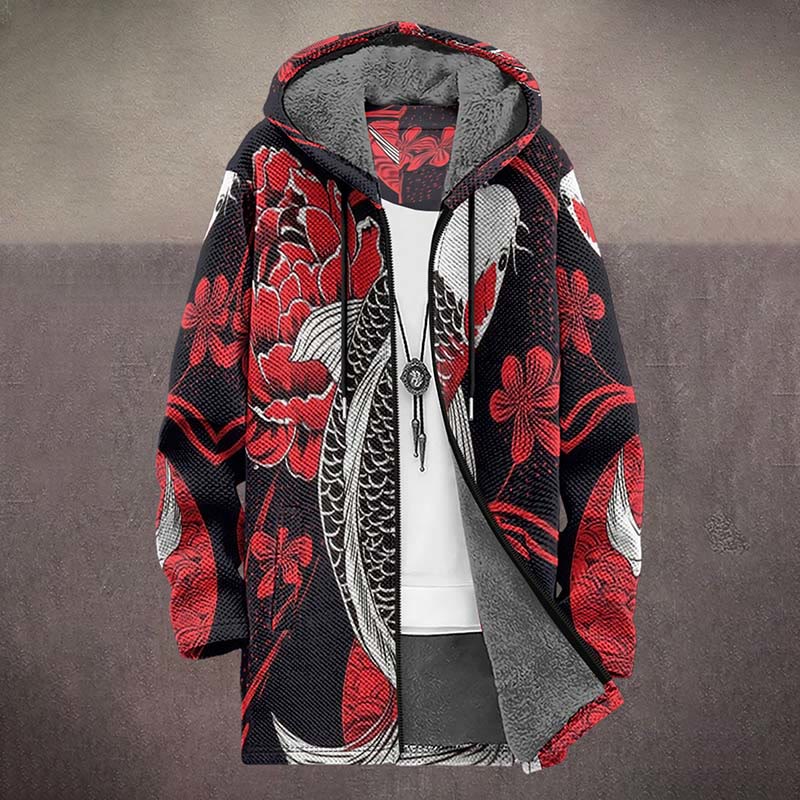 Japanese Red Sakura And Ink Koi Fish Print Unisex Plush Thick Long-sleeved Fleece Jacket Coat - image 2