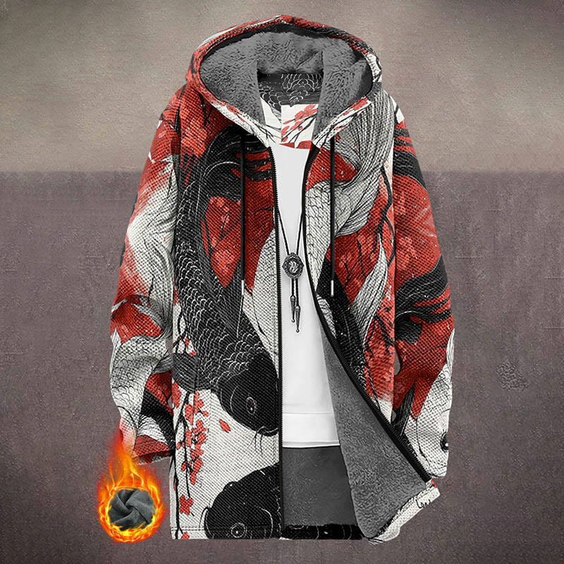 Japanese Floral Sketching Koi Print Unisex Plush Thick Long-sleeved Fleece Jacket Coat - Multicolor - 5XL - image 1