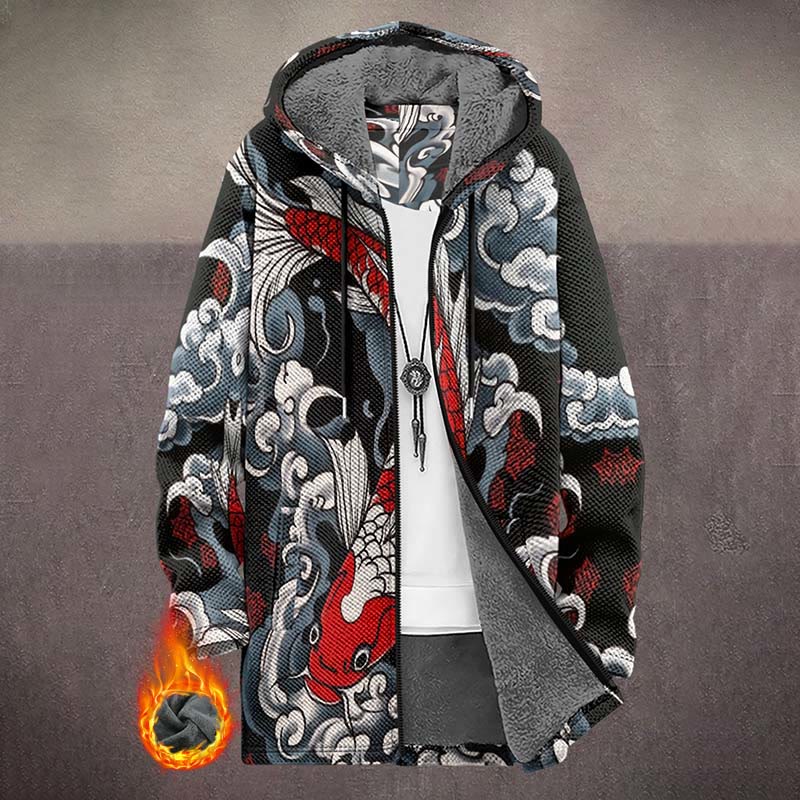 Japanese Creative Cloudy Koi Carp Print Unisex Plush Thick Long-sleeved Fleece Jacket Coat - Multicolor - 5XL - image 1