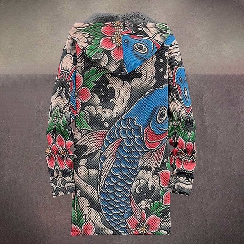 Japanese Funny Colorful Floral Koi Print Unisex Plush Thick Long-sleeved Fleece Jacket Coat - image 3