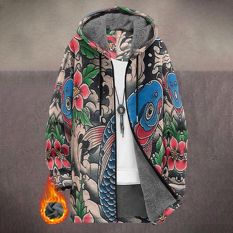 Japanese Funny Colorful Floral Koi Print Unisex Plush Thick Long-sleeved Fleece Jacket Coat - Multicolor - 5XL - image 1