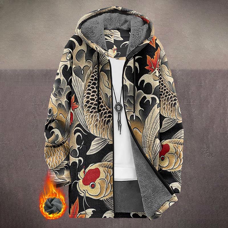 Retro Watercolor Golden Koi Carp Print Unisex Plush Thick Long-sleeved Fleece Jacket Coat - Multicolor - 5XL - image 1