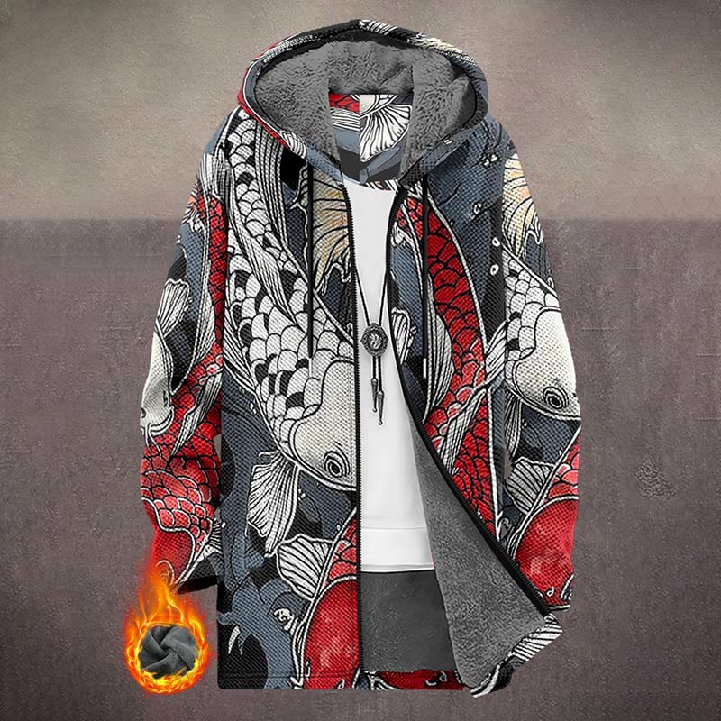 Vintage Red And White Swimming Koi Print Unisex Plush Thick Long-sleeved Fleece Jacket Coat - Multicolor - 5XL - image 1