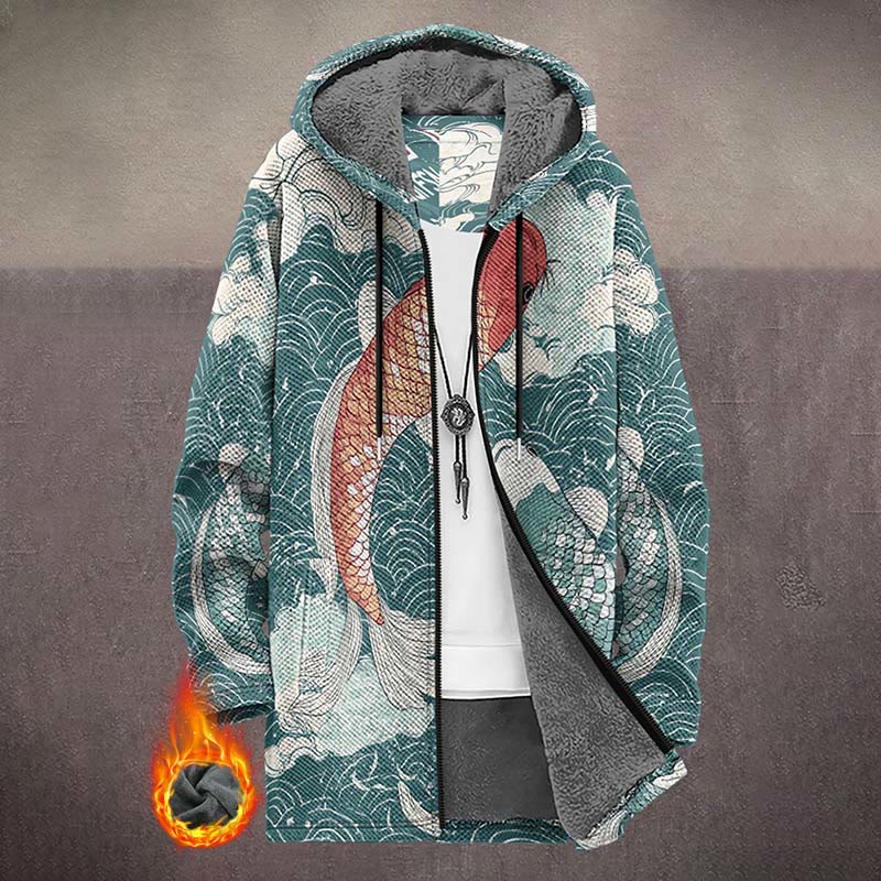 Retro Watercolor Red Koi Carp Print Unisex Plush Thick Long-sleeved Fleece Jacket Coat - Green - 5XL - image 1