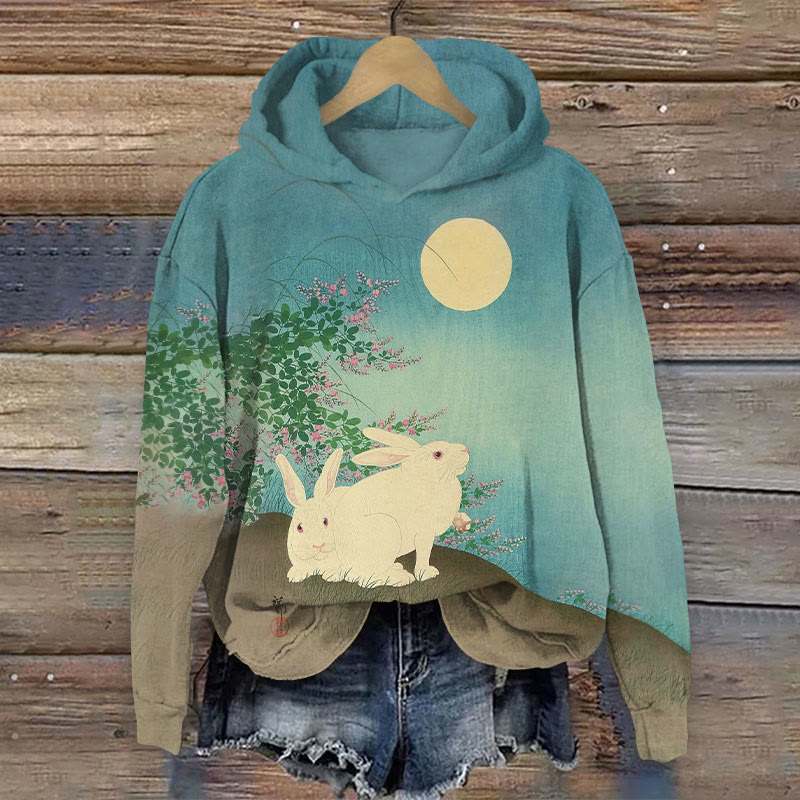 Retro Moonlight Rabbit Japanese Style Print Long Sleeve Hoodie - Lake Blue - 8XL - image 1