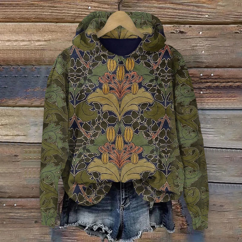 Vintage Floral Art Print Long Sleeve Hoodie - Olive Green - 8XL - image 1