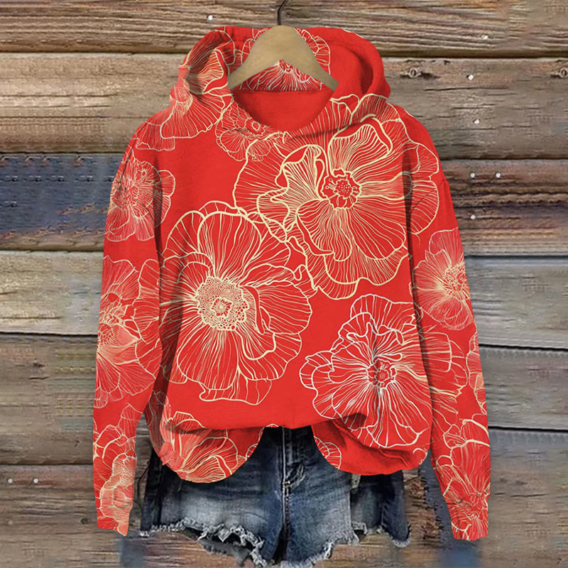 Floral Line Japanese Retro Art Print Long Sleeve Hoodie - Red - 8XL - image 1