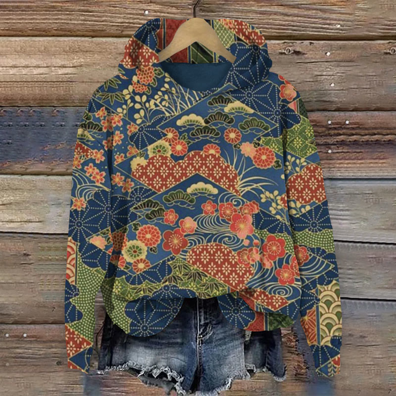 Retro Japanese Traditional Pattern Patchwork Art Print Long Sleeve Hoodie - Multicolor - 8XL - image 1