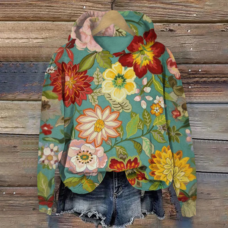 Women's Vintage Floral Print Long Sleeve Hoodie - Multicolor - 8XL - image 1