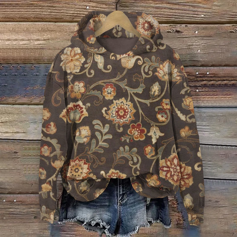 Women's Vintage Ethnic Floral Print Long Sleeve Hoodie - Coffee - 8XL - image 1