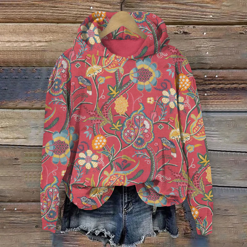 Retro Ethnic Floral Bird Art Print Long Sleeve Hoodie - Dark Pink - 8XL - image 1