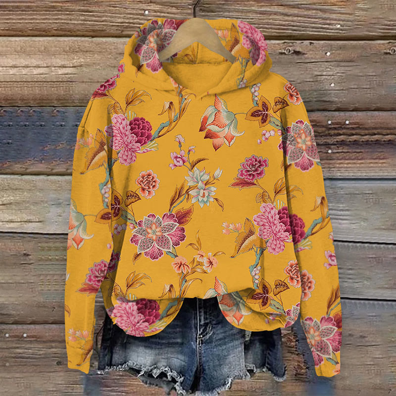 Vintage Floral Art Print Long Sleeve Hoodie - Yellow - 8XL - image 1